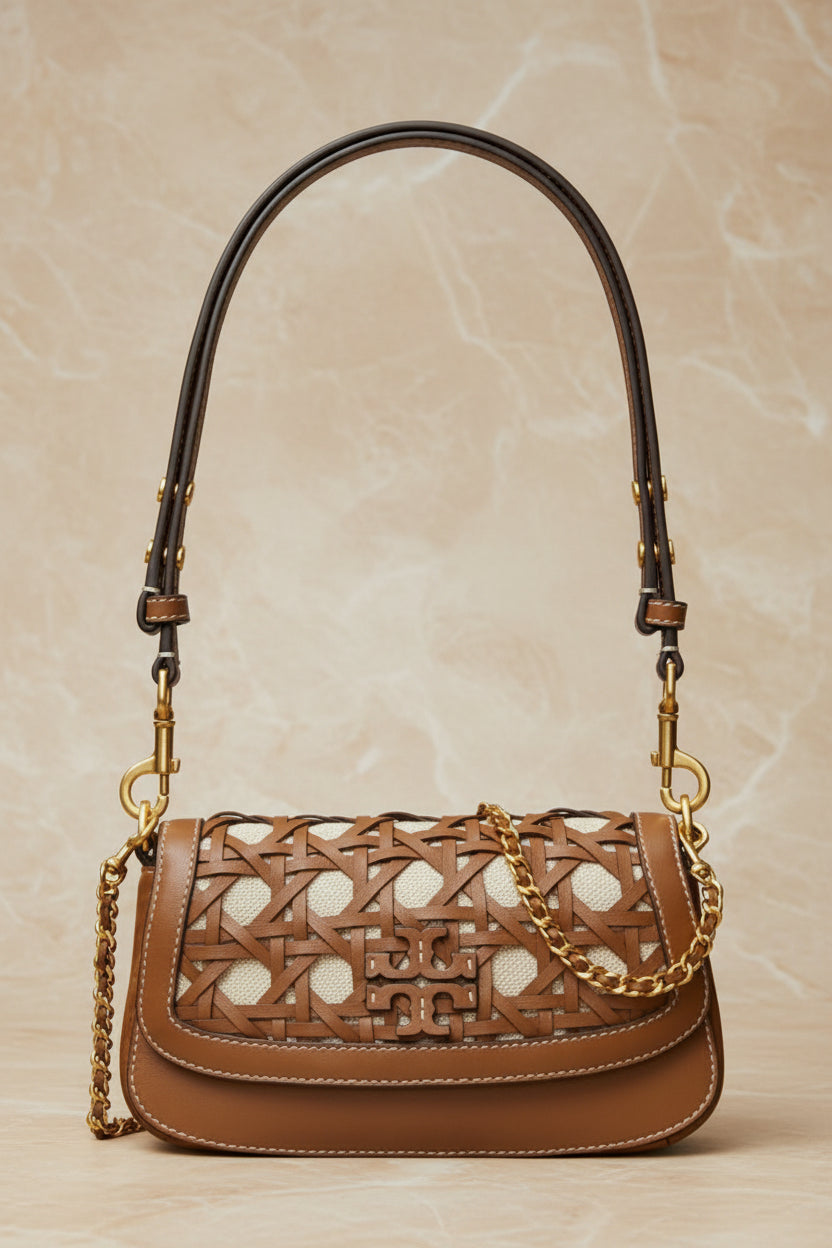 TORY BURCH BRITTEN  BASKET WEAVE CONVERTIBLE CRISSBODY/SHOULDER BAG - MOOSE COLOR