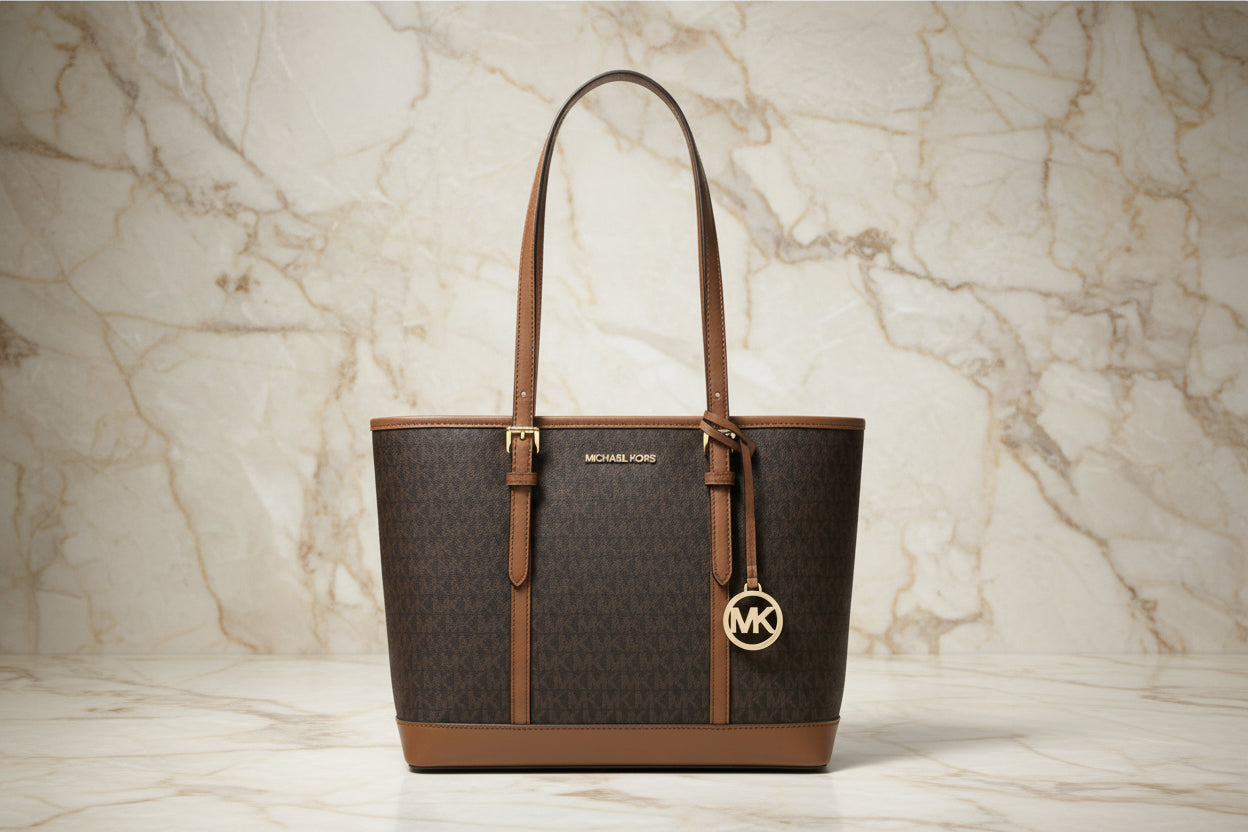 MICHAEL KORS JET SET TRAVEL ZIP TOTE IN SIGNATURE LOGO BROWN - MEDIUM