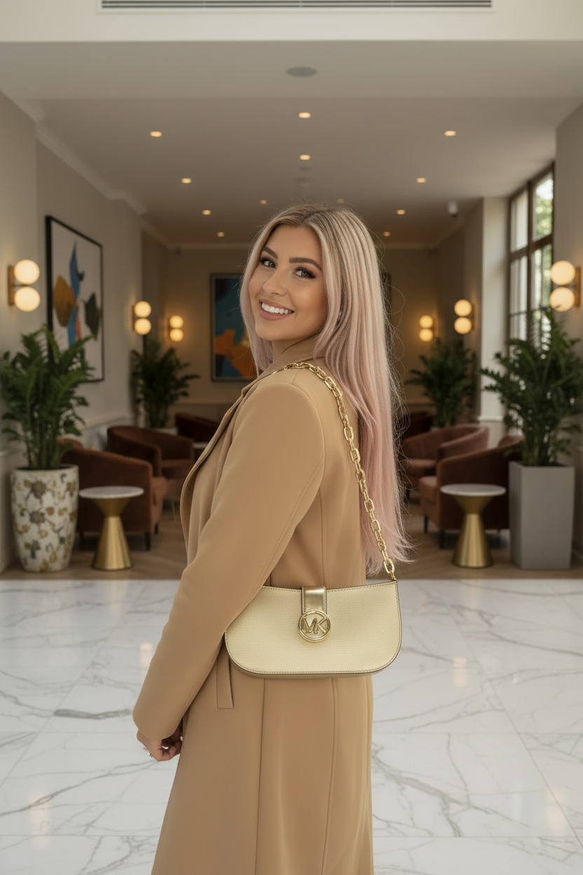 MICHAEL KORS CARMEN POUCHETTE SHOULDER BAG ONLY - PALE GOLD