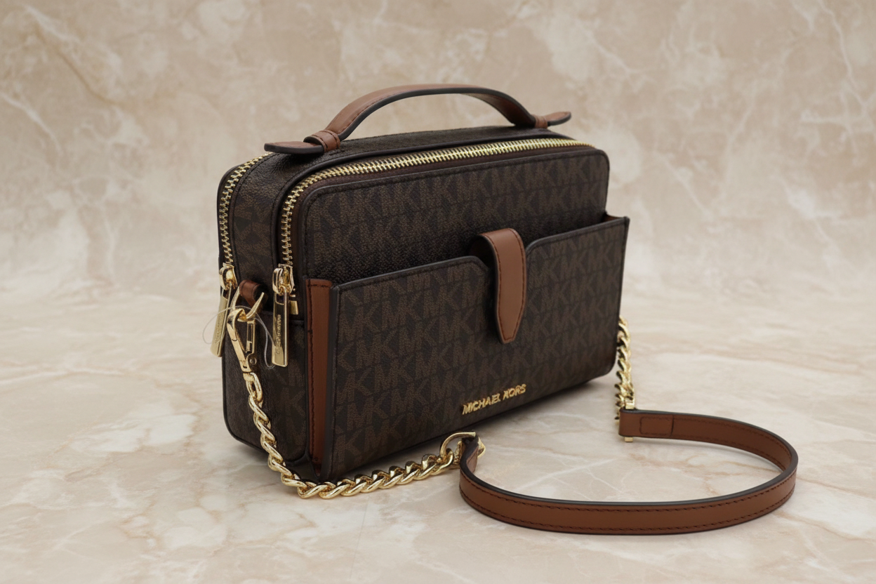 MICHAEL KORS JET SET ITEM DOUBLE ZIP SMARTPHONE CROSSBODY - SIGNATURE BROWN