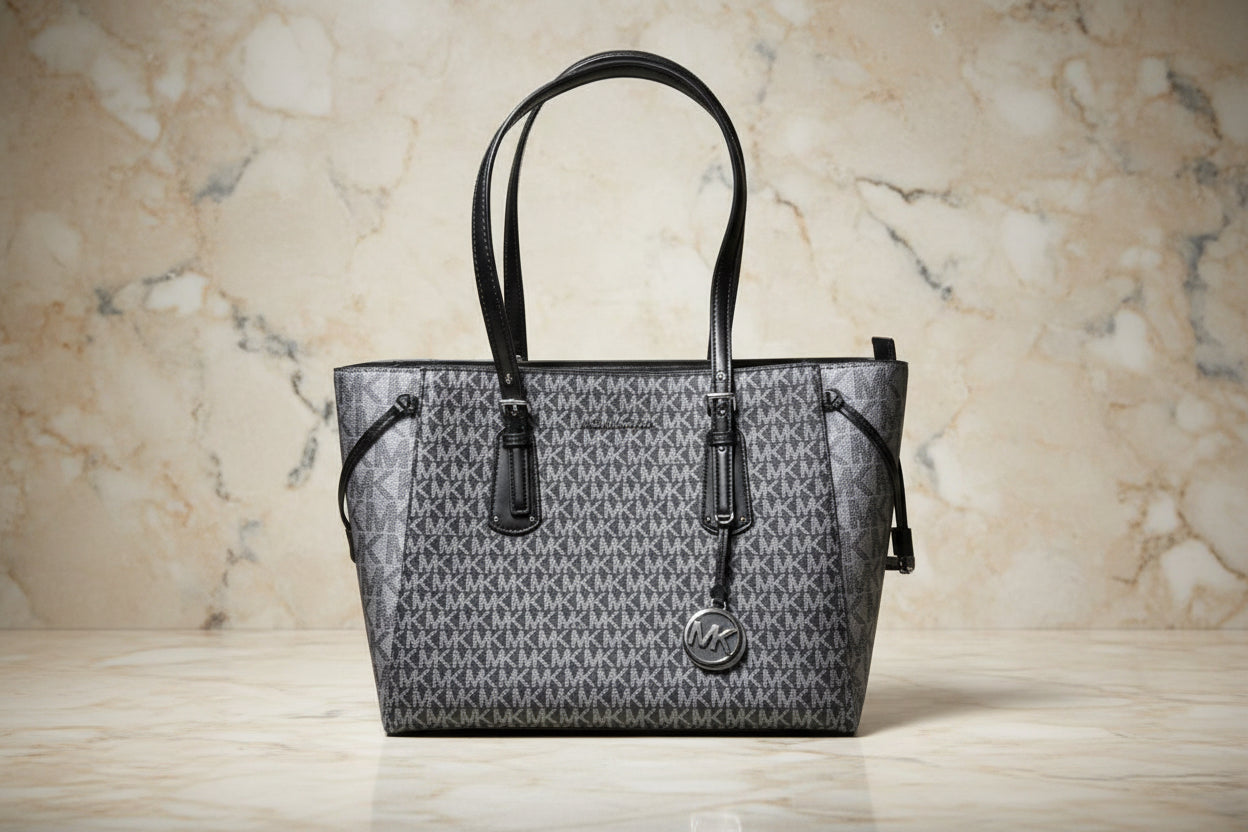 MICHAEL KORS VOYAGER 2 TONE METALLIC LOGO TOTE - MEDIUM
