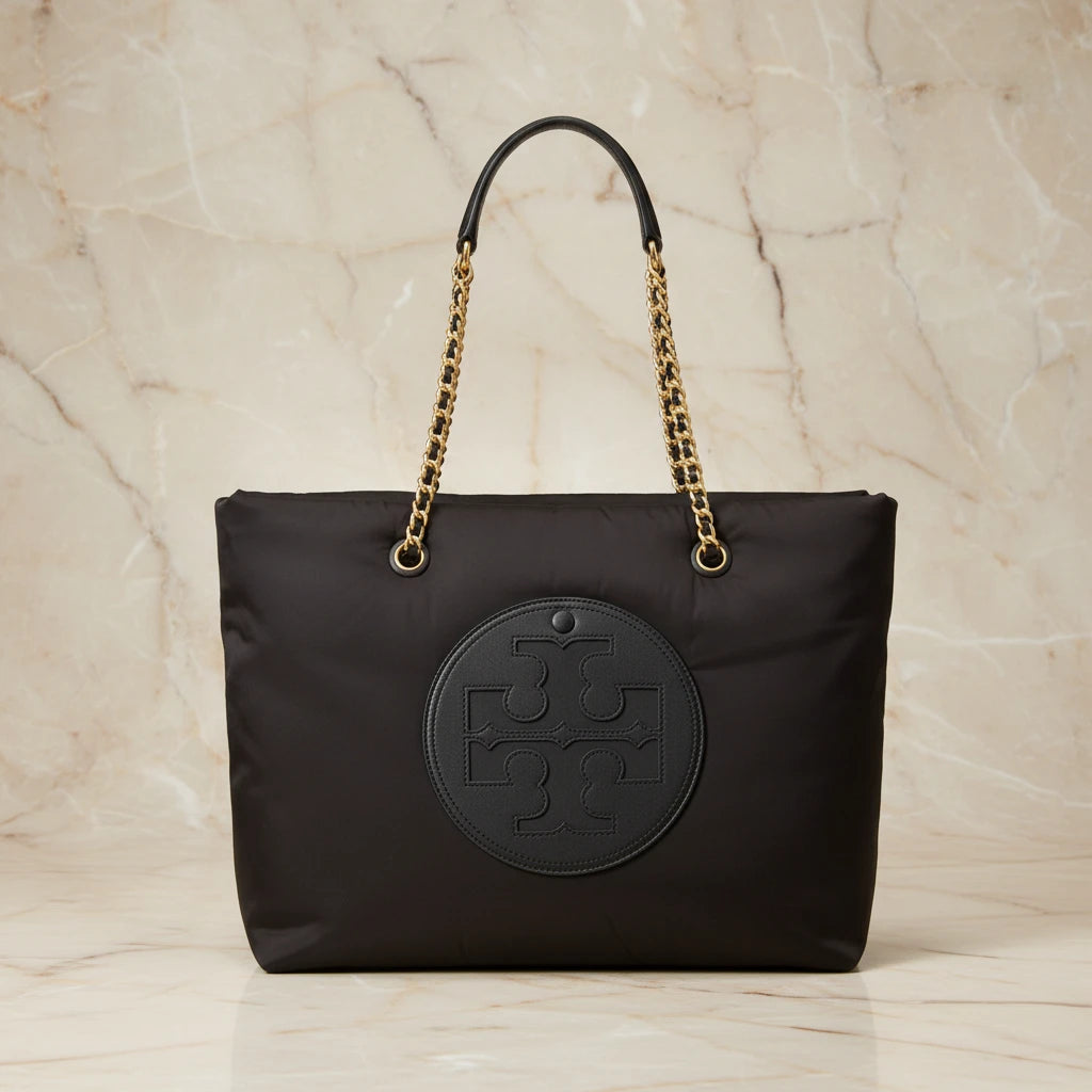 TORY BURCH ELLA PUPPY MAGNETIC CLOSURE CHAIN TOTE - BLACK