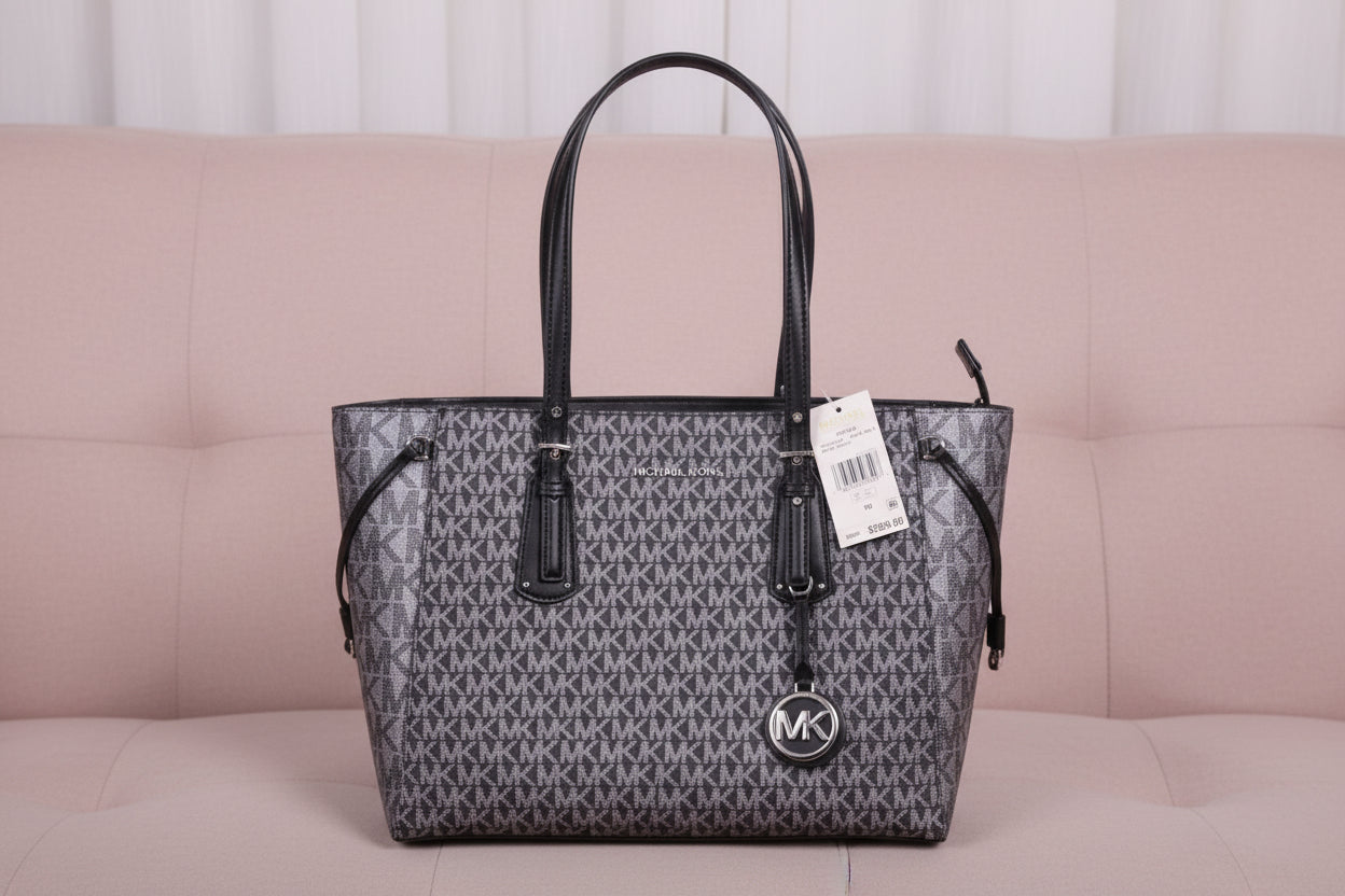 MICHAEL KORS VOYAGER 2 TONE METALLIC LOGO TOTE - MEDIUM