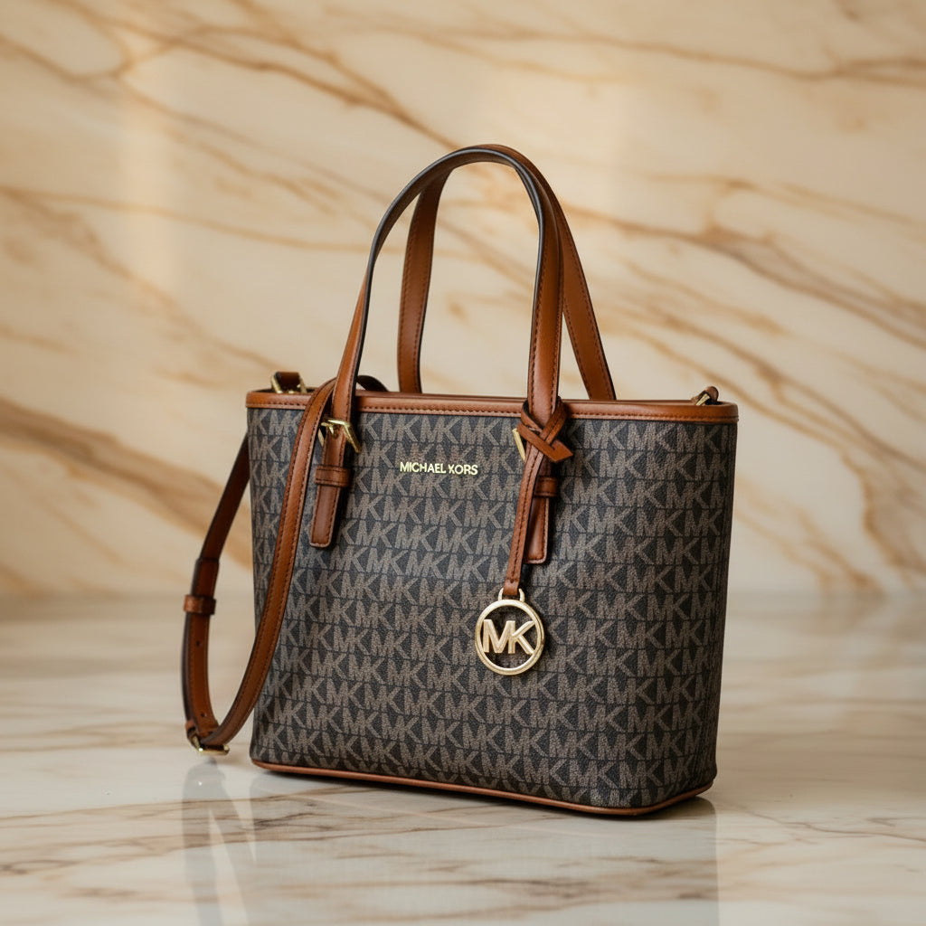 MICHAEL KORS XS JET SET CARRYALL TRAVEL ZIP TOTE - BLACK - BROWN MULTI WITH A TOUCH OF METTALIC GOLD