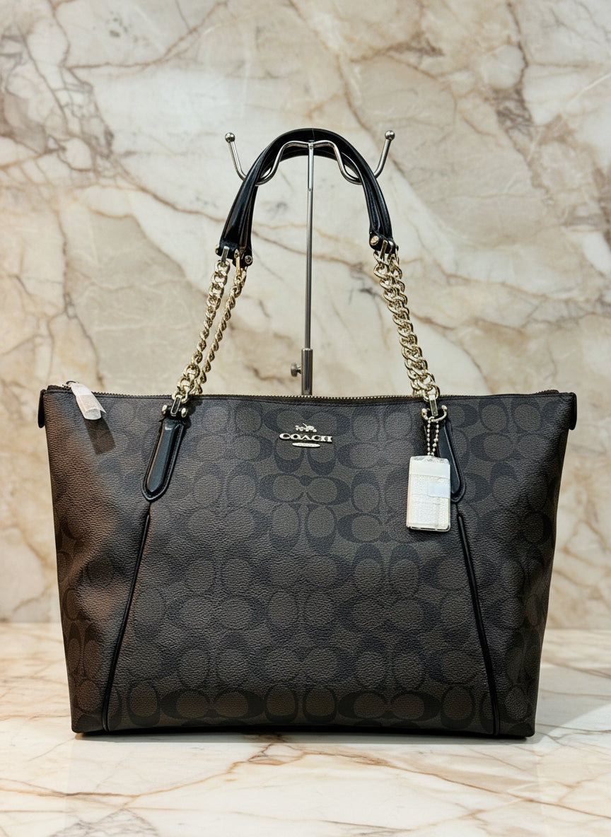 COACH AVA LARGE ZIP TOP TOTE IN SIGNATURE BLACK BROWN