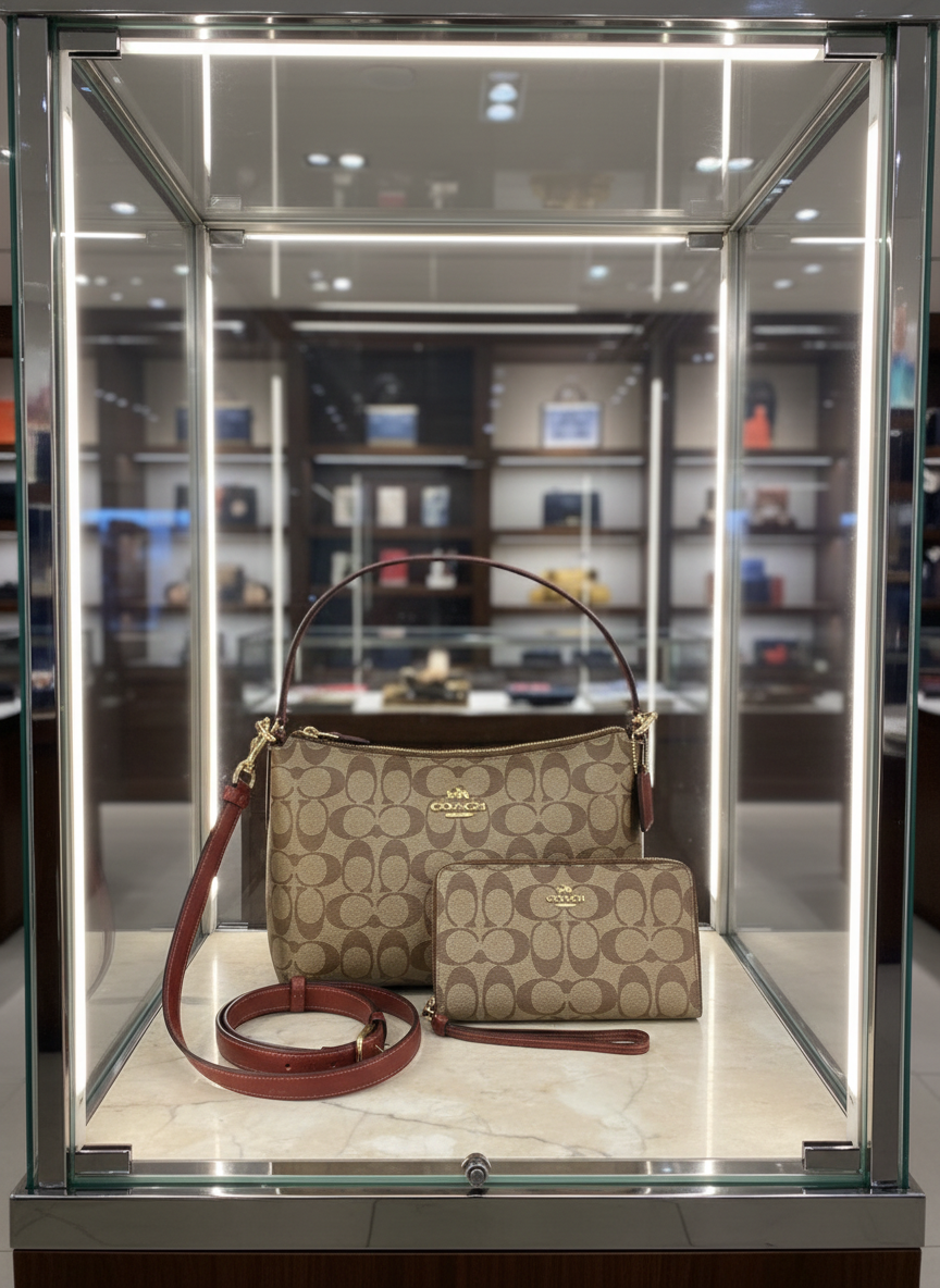 COACH BUNDLE LEWIS SHOULDER BAG/CROSSBODY BAG & ZIP AROUND WRISLET WALLET IN SIGNATURE CANVAS METTALIC CLAY LINING