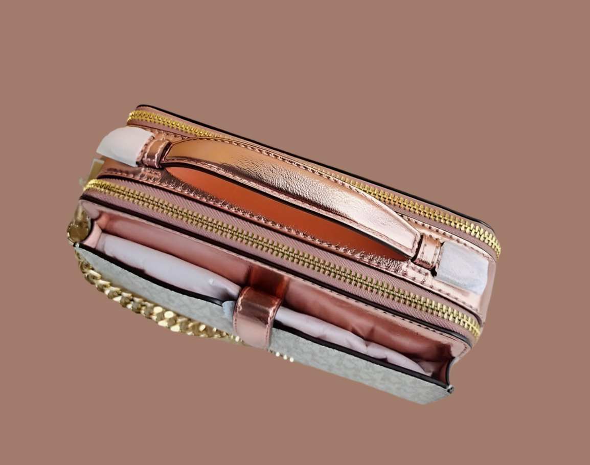 MICHAEL KORS SIGNATURE JET SET METALLIC PROMEROSE DOUBLE ZIP SMARTPHONE CROSSBODY BAG