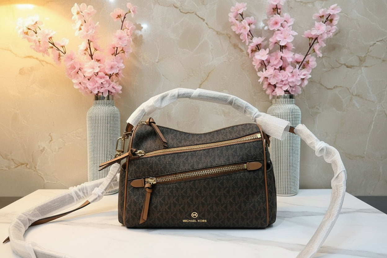 MICHAEL KORS LORIMER SATCHEL IN SIGNATURE BROWN ACORN - MEDIUM ( FROM BOUTIQUE STORE )