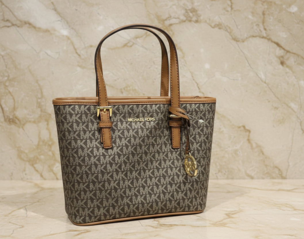MICHAEL KORS XS JET SET CARRYALL TRAVEL ZIP TOTE - BLACK - BROWN MULTI WITH A TOUCH OF METTALIC GOLD