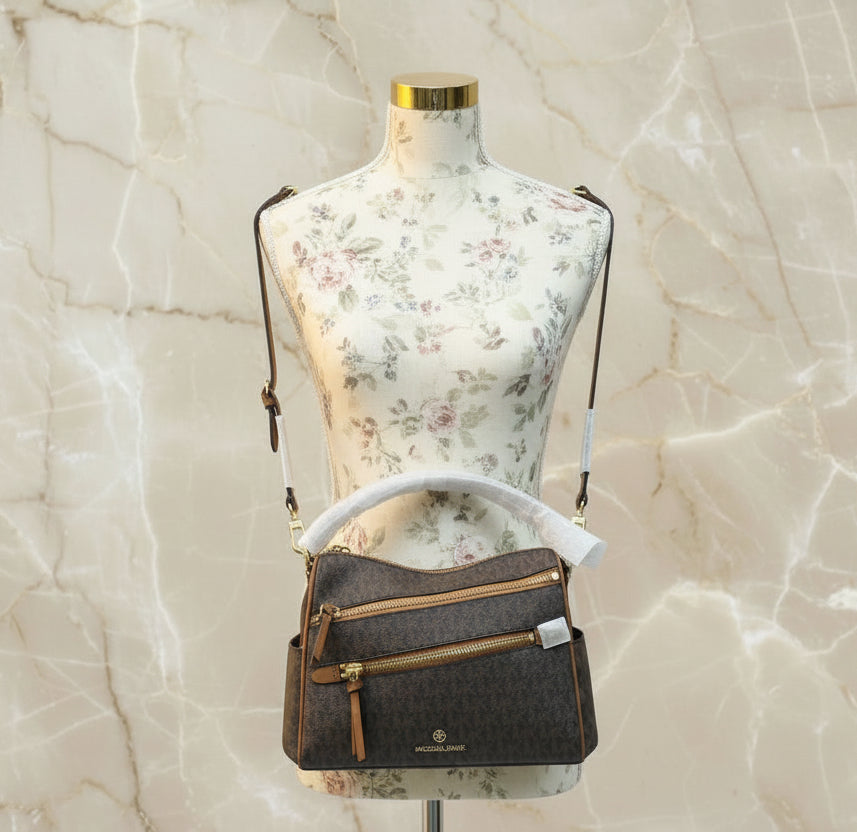 MICHAEL KORS LORIMER SATCHEL IN SIGNATURE BROWN ACORN - MEDIUM ( FROM BOUTIQUE STORE )