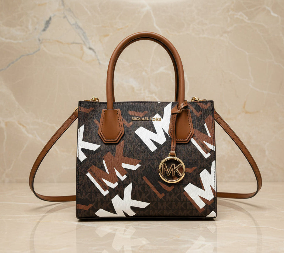 MICHAEL KORS MERCER MEDIUM MESSENGER BAG - LUGGAGE MULTI GRAPHIC LOGO