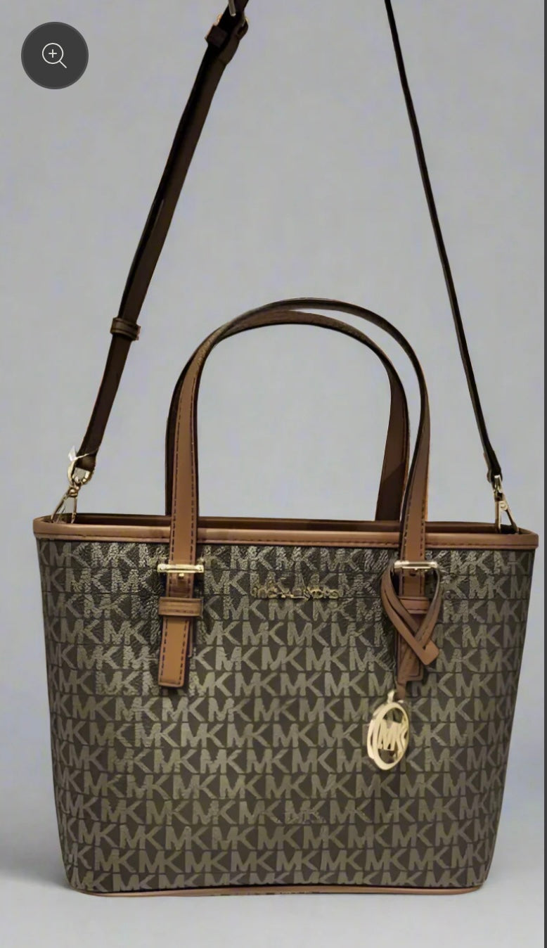MICHAEL KORS XS JET SET CARRYALL TRAVEL ZIP TOTE - BLACK - BROWN MULTI WITH A TOUCH OF METTALIC GOLD