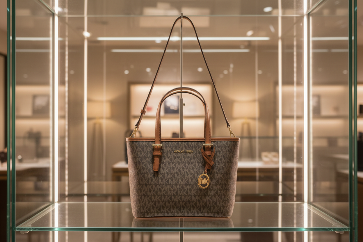 MICHAEL KORS XS JET SET CARRYALL TRAVEL ZIP TOTE - BLACK - BROWN MULTI WITH A TOUCH OF METTALIC GOLD