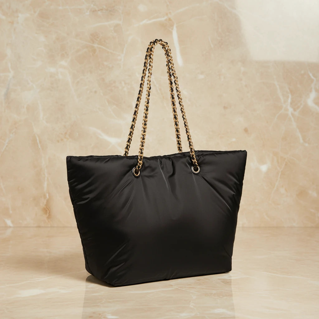 TORY BURCH ELLA PUPPY MAGNETIC CLOSURE CHAIN TOTE - BLACK