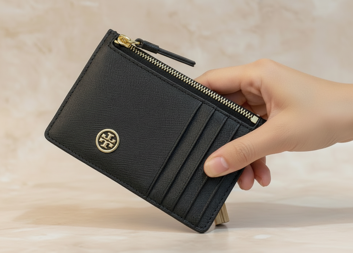 TORY BURCH ROBINSON SLIM LEATHER ZIP-TOP CARD CASE