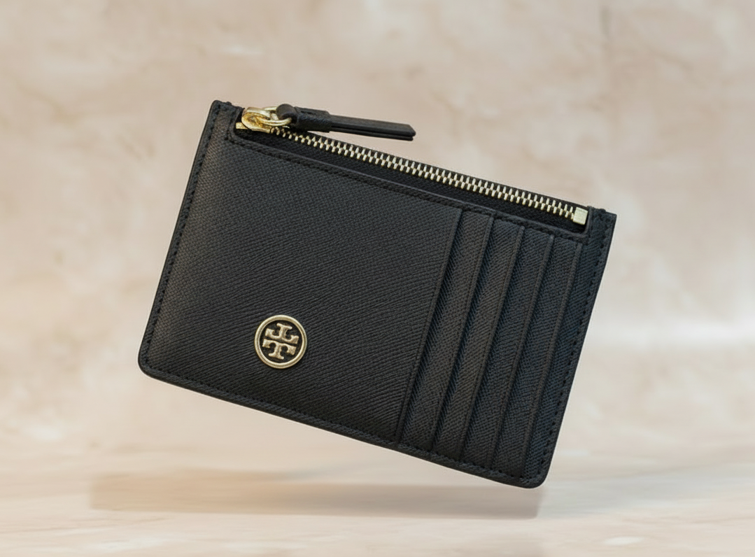 TORY BURCH ROBINSON SLIM LEATHER ZIP-TOP CARD CASE