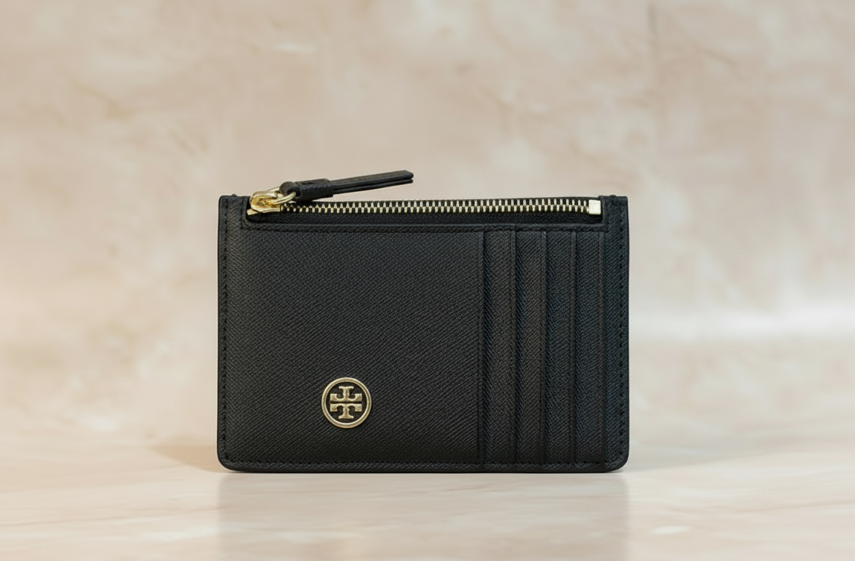 TORY BURCH ROBINSON SLIM LEATHER ZIP-TOP CARD CASE