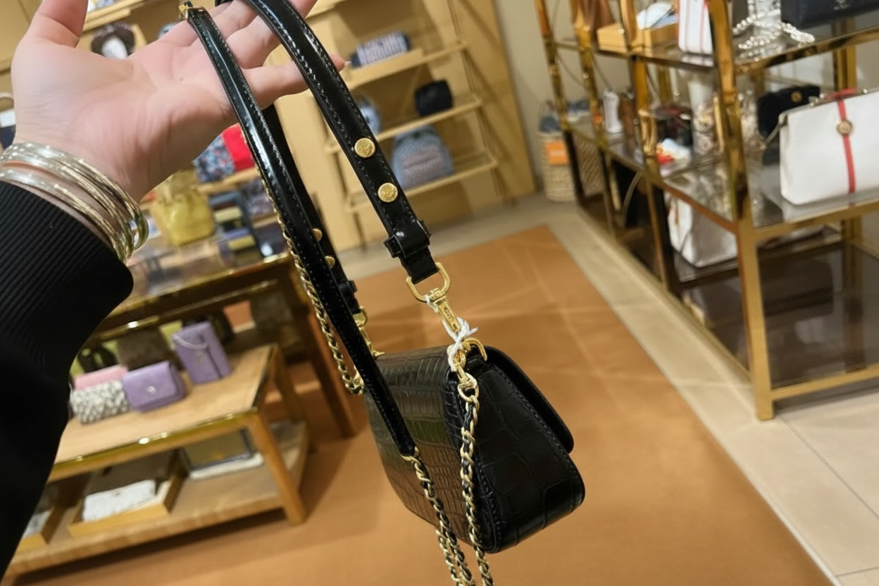 TORY BURCH EMBOSSED CROC BRITTEN CONVERTIBLE SHOULDER BAG/XBODY BAG - BLACK