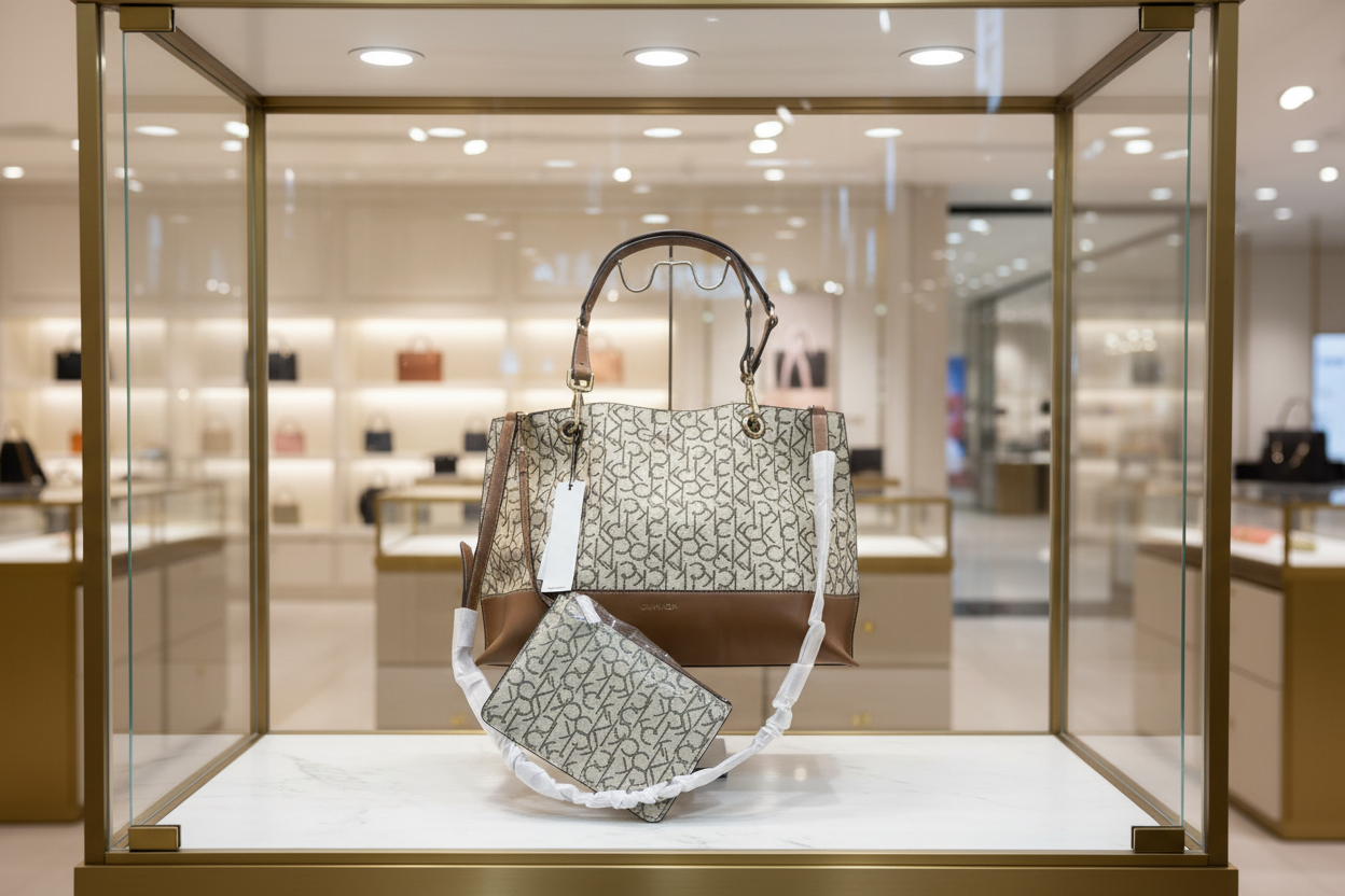 CALVIN KLEIN TOTE IN SIGNATURE LOGO BEIGE/BROWN- XL OPEN WITH LARGE ZIP POUCH & LONG STRAP