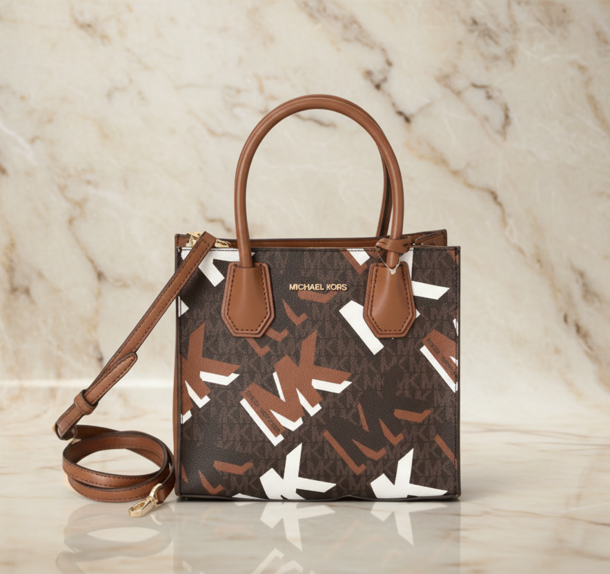 MICHAEL KORS MERCER MEDIUM MESSENGER BAG - LUGGAGE MULTI GRAPHIC LOGO