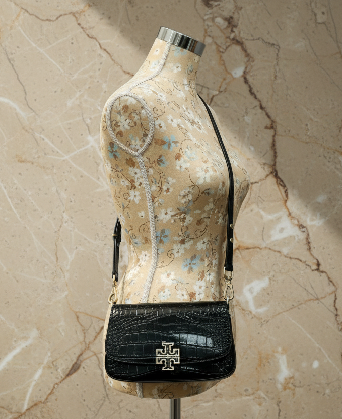 TORY BURCH EMBOSSED CROC BRITTEN CONVERTIBLE SHOULDER BAG/XBODY BAG - BLACK