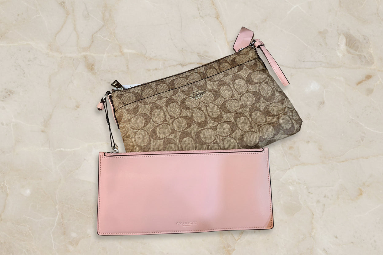 SALE‼️ COACH EAST WEST CROSSBODY WITH POP-UP POUCH KHAKI-PINK - WITH FLAWS/PEELED OFF/SCALED FROM THE CREED INSIDE, SEE PHOTO