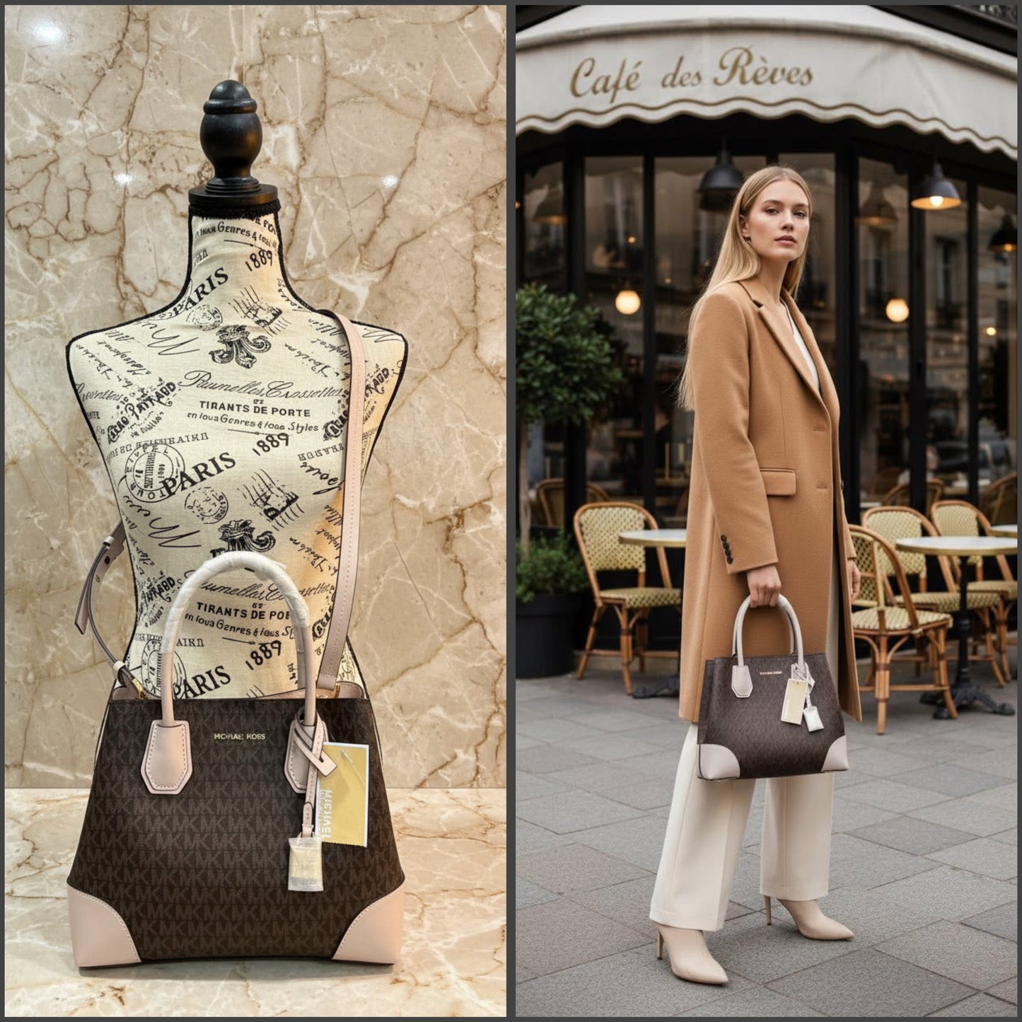 MICHAEL KORS MERCER GALLERY MEDIUM LOGO SATCHEL BAG - BROWN/SOFT PINK