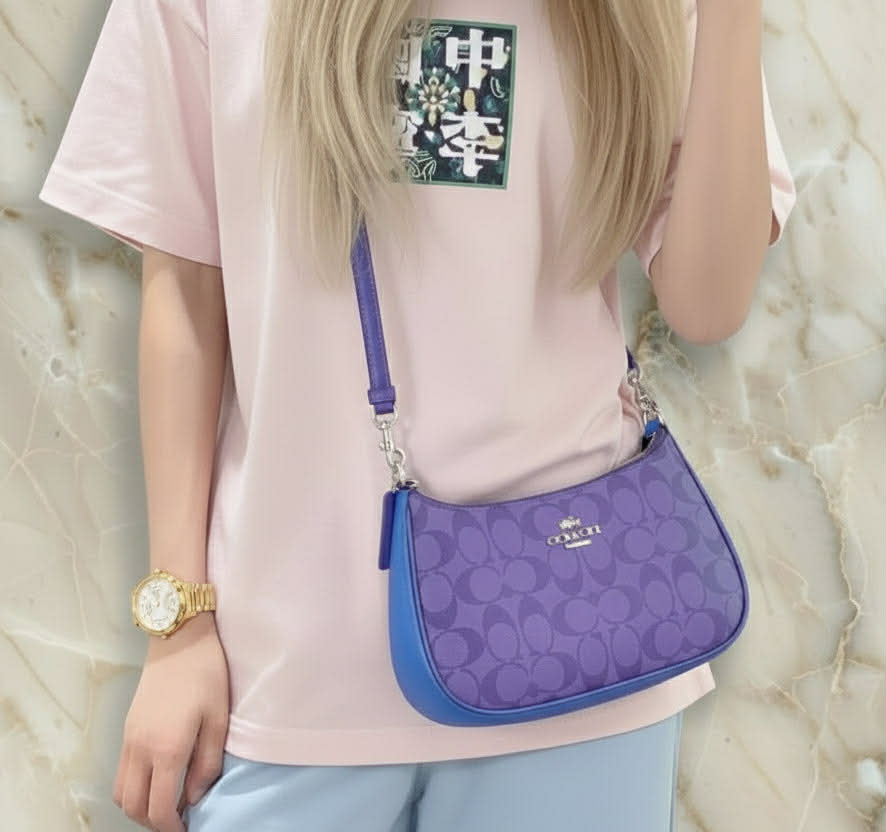 COACH TERI SHOULDER BAG/CROSSBODY BAG - IN SIGNATURE CANVAS PURPLE BLOCKED COLOR