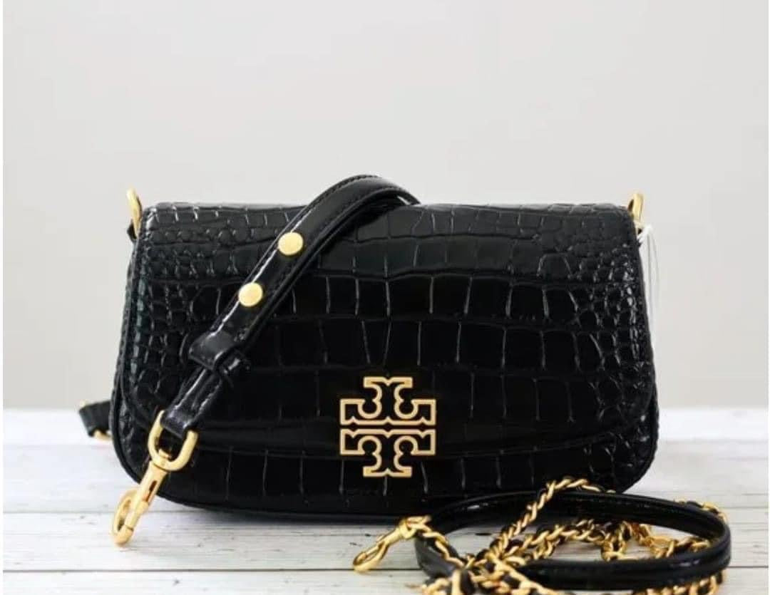 SALE! MISSING 1 BUTTON ON SHOULDER STRAP - TORY BURCH EMBOSSED CROC BRITTEN CONVERTIBLE SHOULDER BAG/XBODY BAG - BLACK