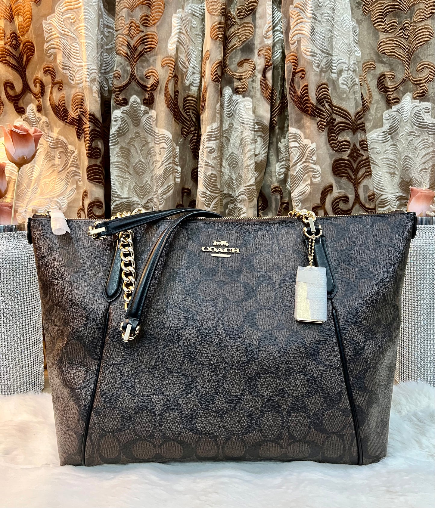 COACH AVA LARGE ZIP TOP TOTE IN SIGNATURE BLACK BROWN
