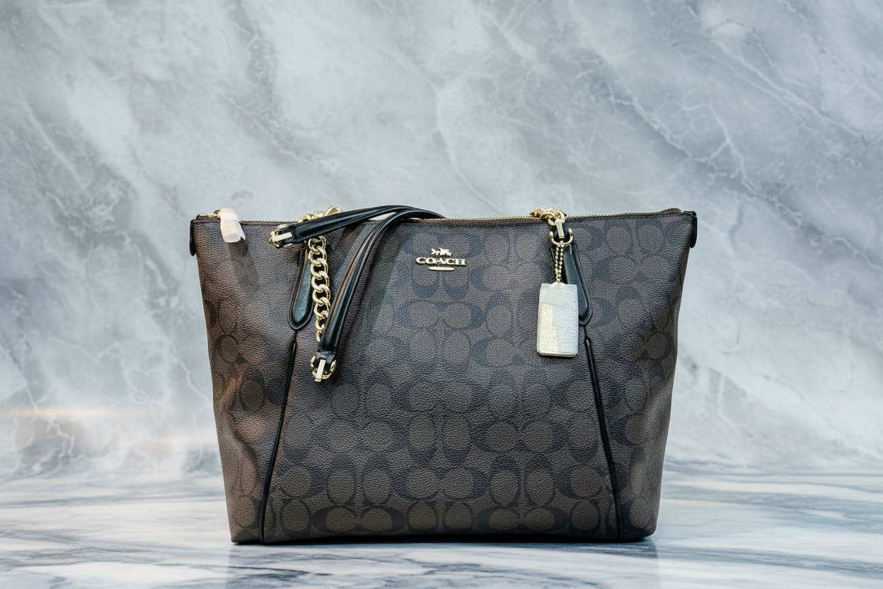 COACH AVA LARGE ZIP TOP TOTE IN SIGNATURE BLACK BROWN