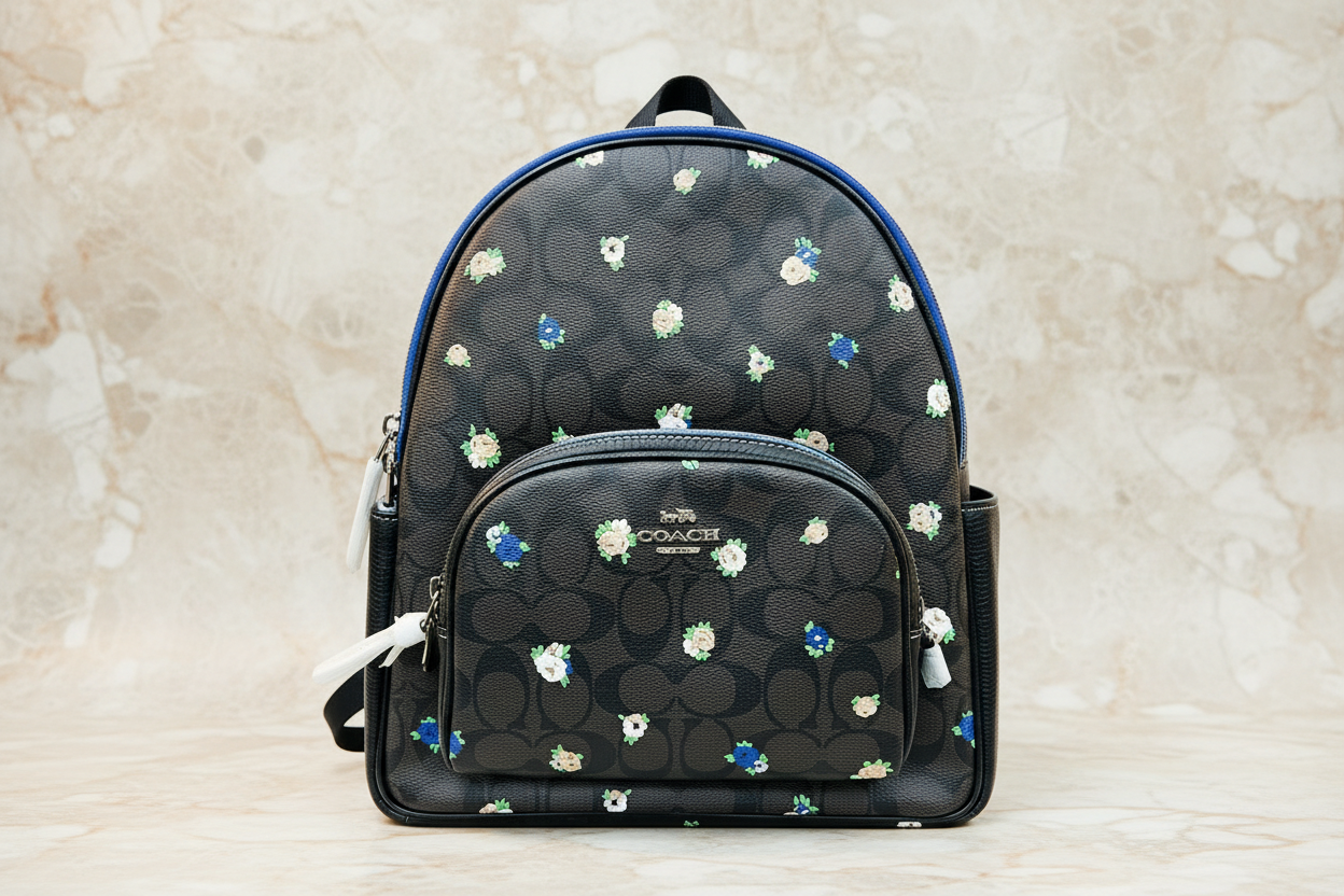 حقيبة ظهر متوسطة الحجم من كوتش كورت مصنوعة من قماش مميز بنقشة ورود صغيرة عتيقة