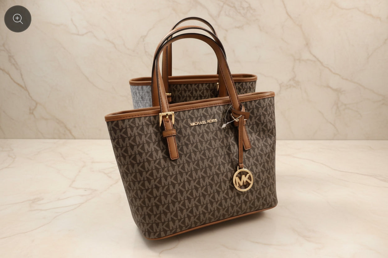 MICHAEL KORS XS JET SET CARRYALL TRAVEL ZIP TOTE - BLACK - BROWN MULTI WITH A TOUCH OF METTALIC GOLD