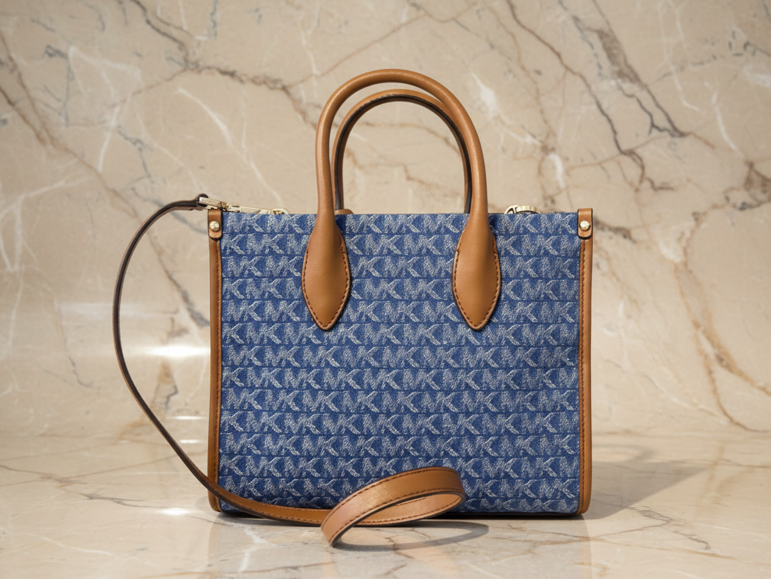 MICHAEL KORS MIRELLA SMALL SHOPPER TOP ZIP CROSSBODY BAG - DENIM MULTI LOGO