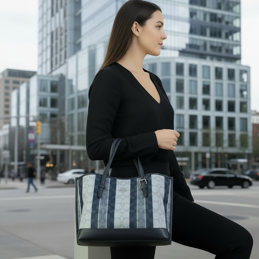 COACH MOLLIE TOTE 25 IN SIGNATURE JACQUARD WITH STRIPES - SILVER/MIDNIGHT MULTI