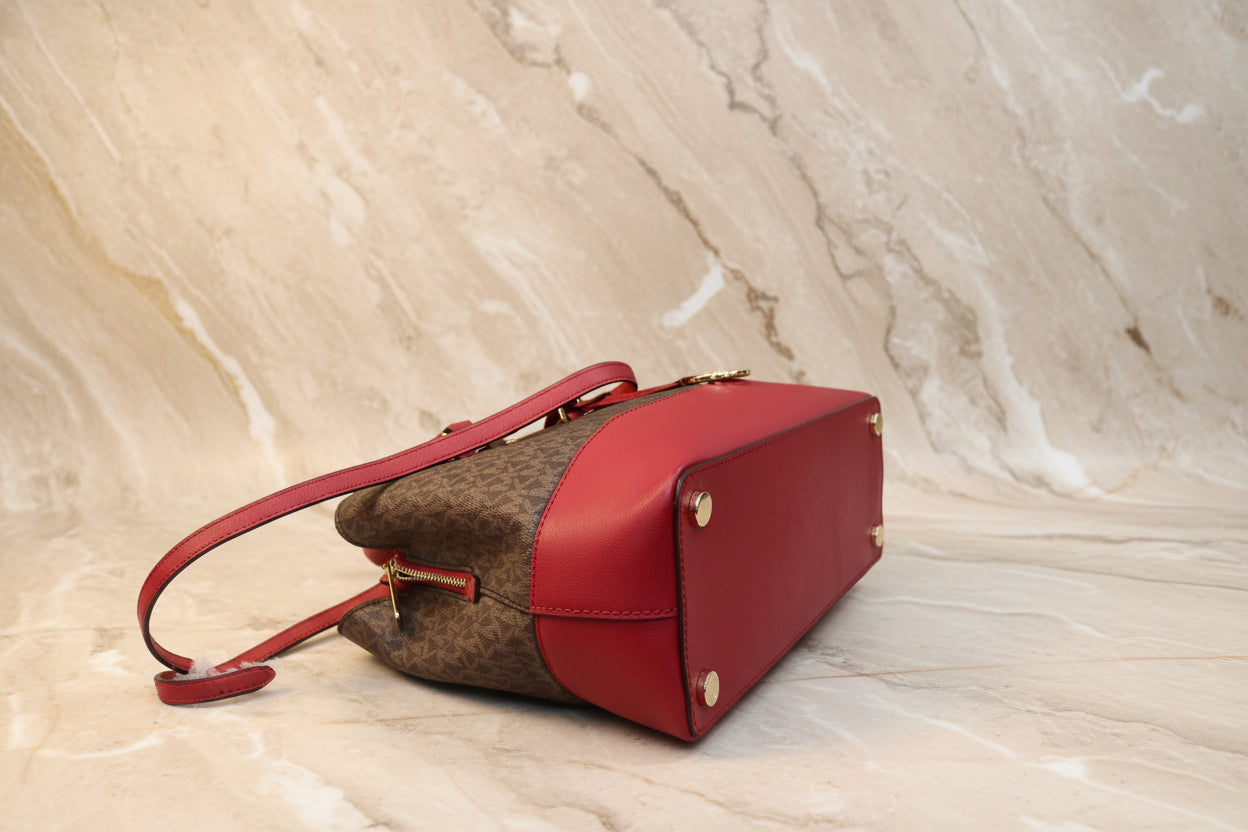 MICHAEL KORS SAVANNAH LARGE SATCHEL IN SIGNATURE BROWN/RED - SCARLET
