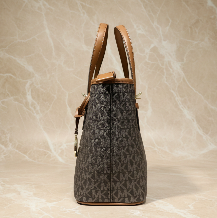 MICHAEL KORS XS JET SET CARRYALL TRAVEL ZIP TOTE - BLACK - BROWN MULTI WITH A TOUCH OF METTALIC GOLD