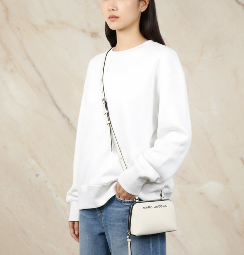 MARC JACOBS GRIND WHITE COTTON PEBBLE LEATHER MINI CROSSBODY/POUCH