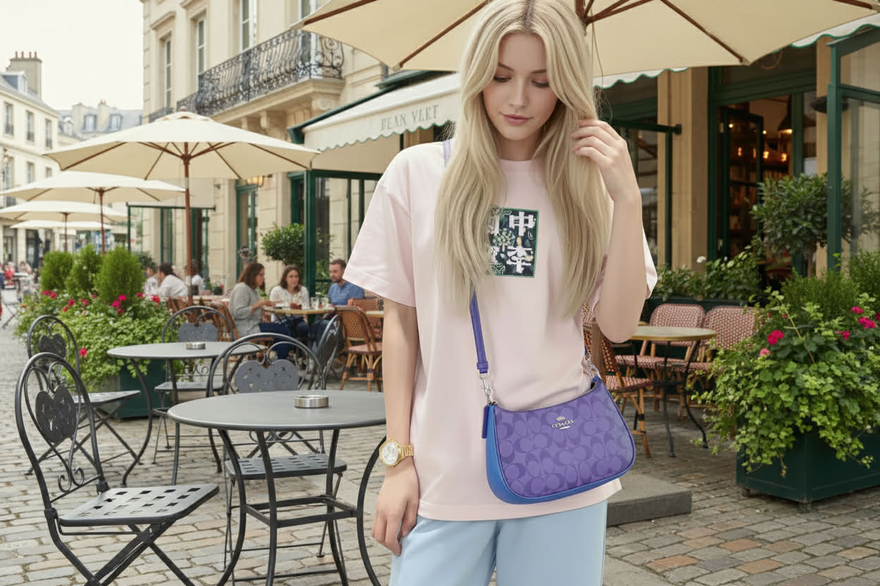 COACH TERI SHOULDER BAG/CROSSBODY BAG - IN SIGNATURE CANVAS PURPLE BLOCKED COLOR