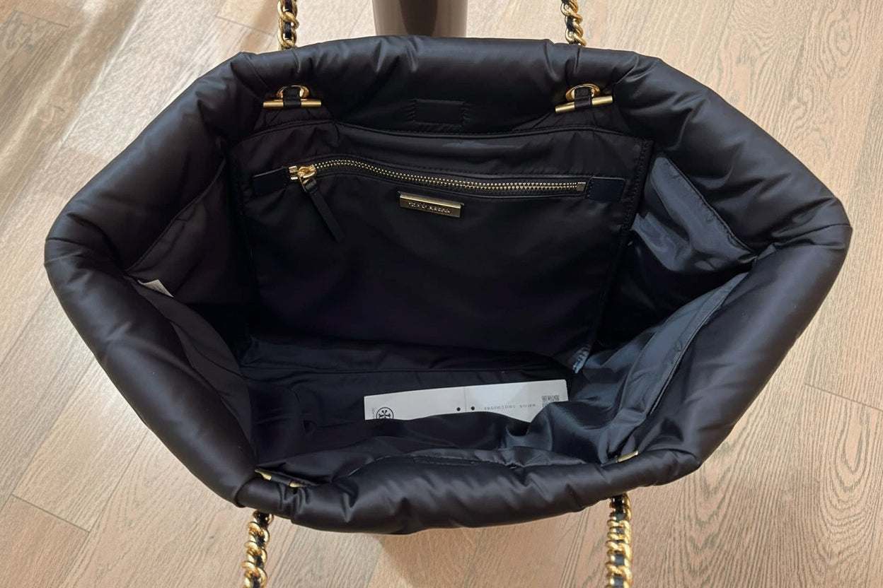 TORY BURCH ELLA PUPPY MAGNETIC CLOSURE CHAIN TOTE - BLACK
