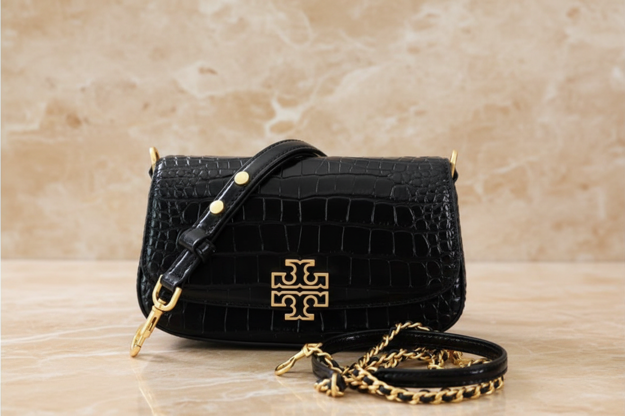 TORY BURCH EMBOSSED CROC BRITTEN CONVERTIBLE SHOULDER BAG/XBODY BAG - BLACK