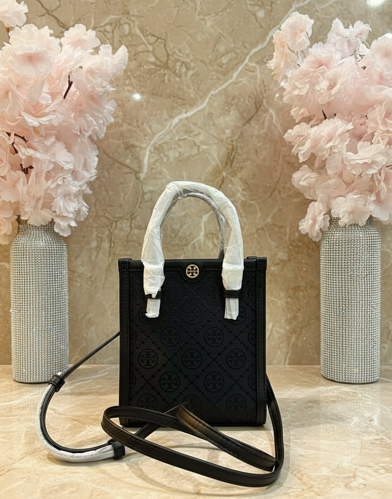 TORY BURCH MINI JACQUARD T MONOGRAM TOTE BLACK