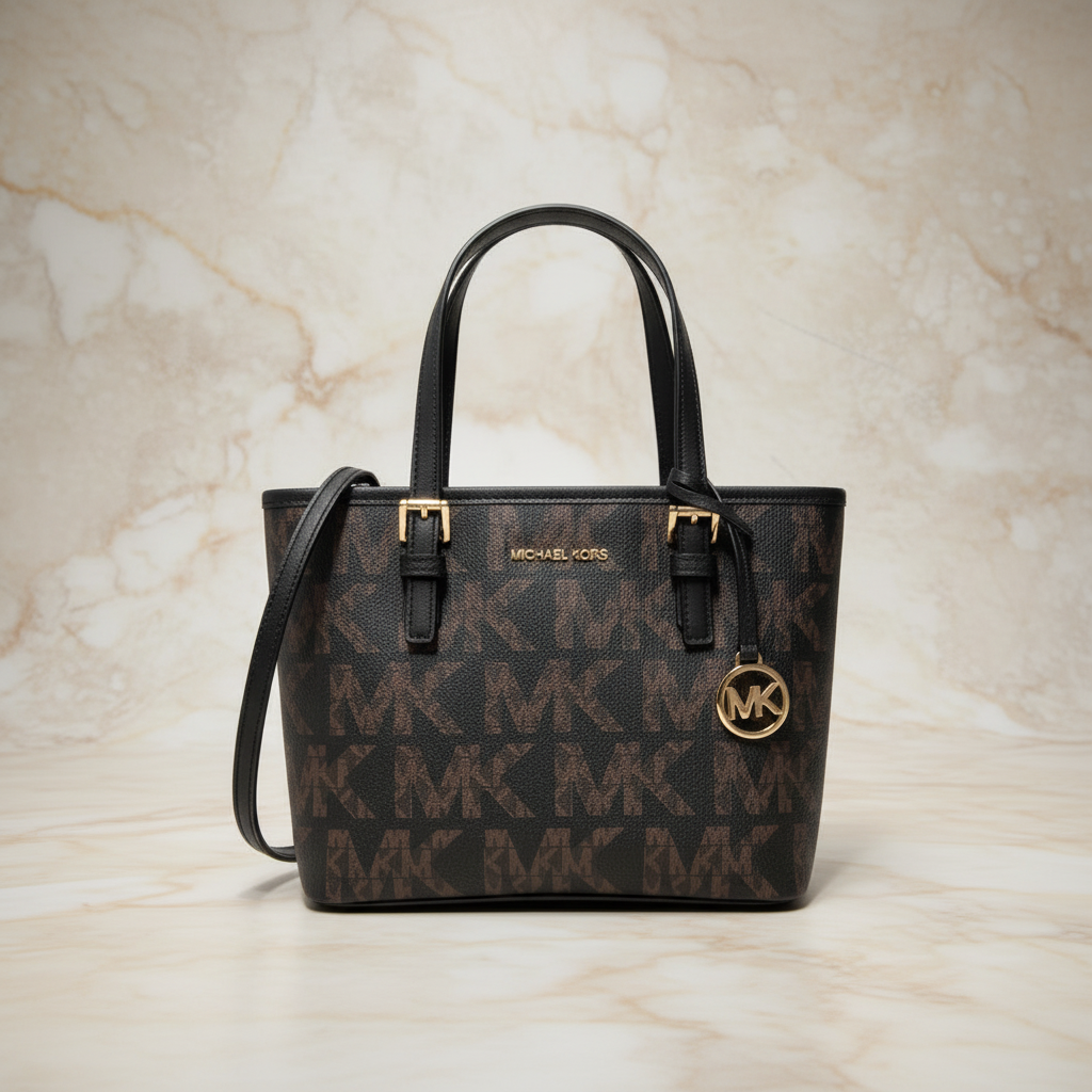 MICHAEL KORS JET SET TRAVEL ZIP TOTE XS LOGO BLACK BROWN COLOR