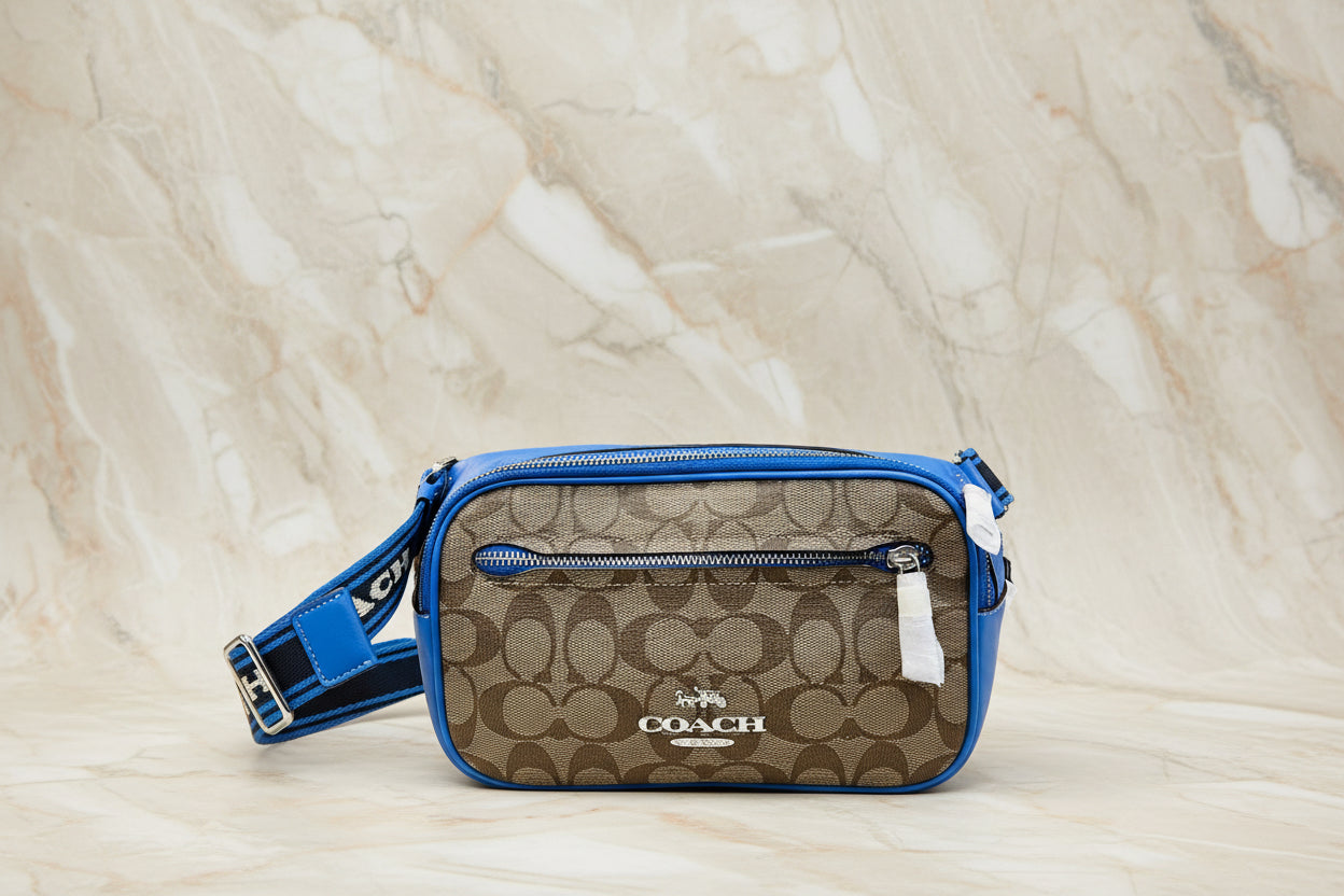 حقيبة خصر/حقيبة صدر/حقيبة جسم من كوتش إلياس، مصنوعة من قماش مميز بألوان متداخلة - كاكي/أزرق سباق