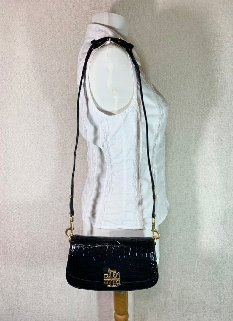 SALE! MISSING 1 BUTTON ON SHOULDER STRAP - TORY BURCH EMBOSSED CROC BRITTEN CONVERTIBLE SHOULDER BAG/XBODY BAG - BLACK