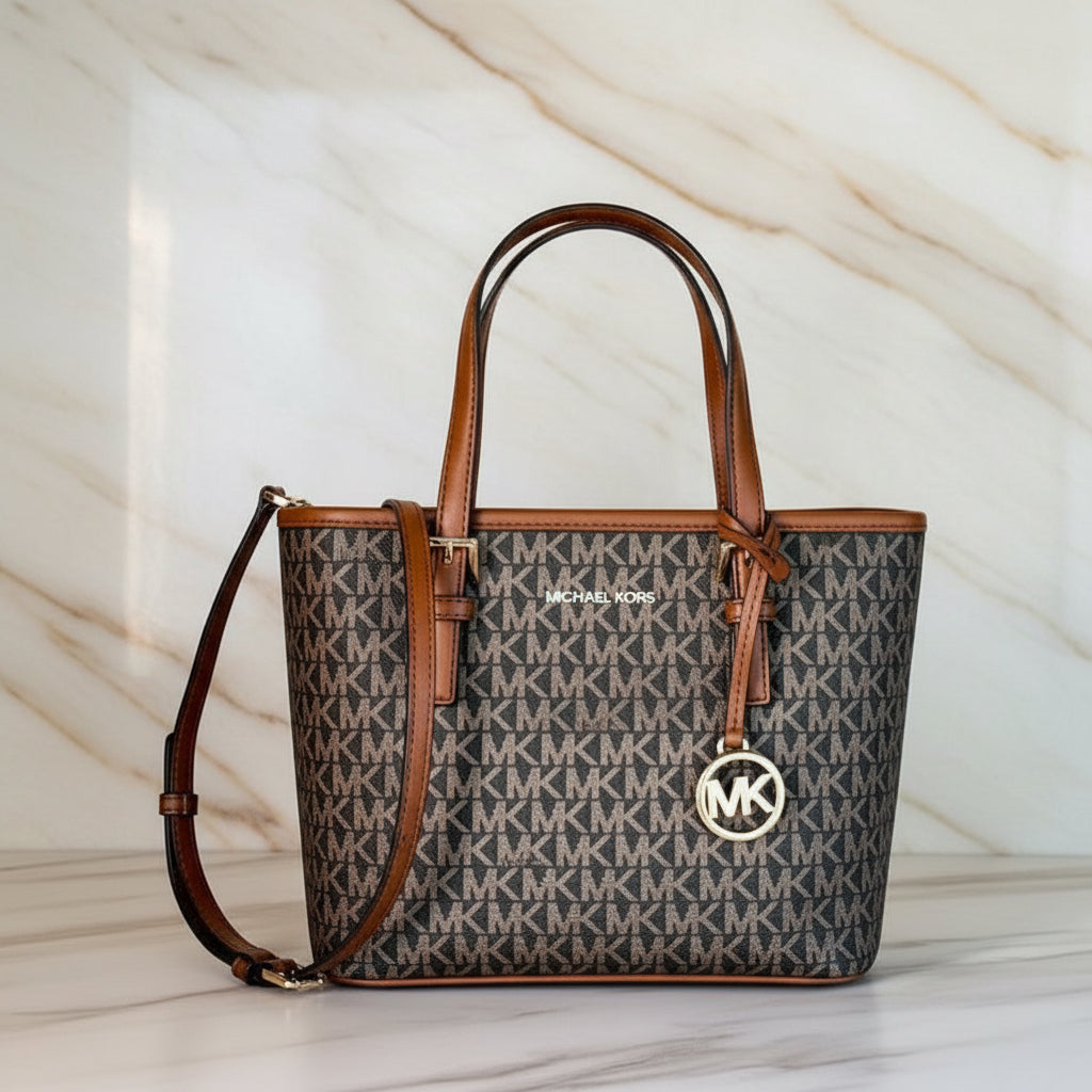 MICHAEL KORS XS JET SET CARRYALL TRAVEL ZIP TOTE - BLACK - BROWN MULTI WITH A TOUCH OF METTALIC GOLD