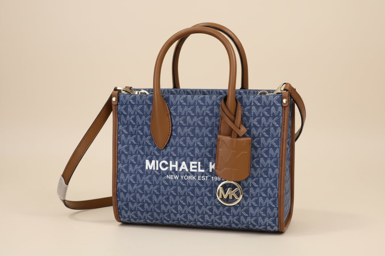 MICHAEL KORS MIRELLA SMALL SHOPPER TOP ZIP CROSSBODY BAG - DENIM MULTI LOGO