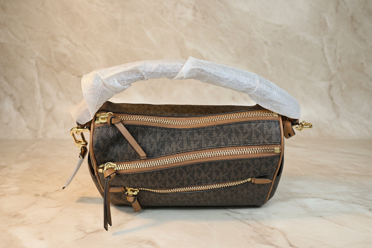 MICHAEL KORS LORIMER SATCHEL IN SIGNATURE BROWN ACORN - MEDIUM ( FROM BOUTIQUE STORE )