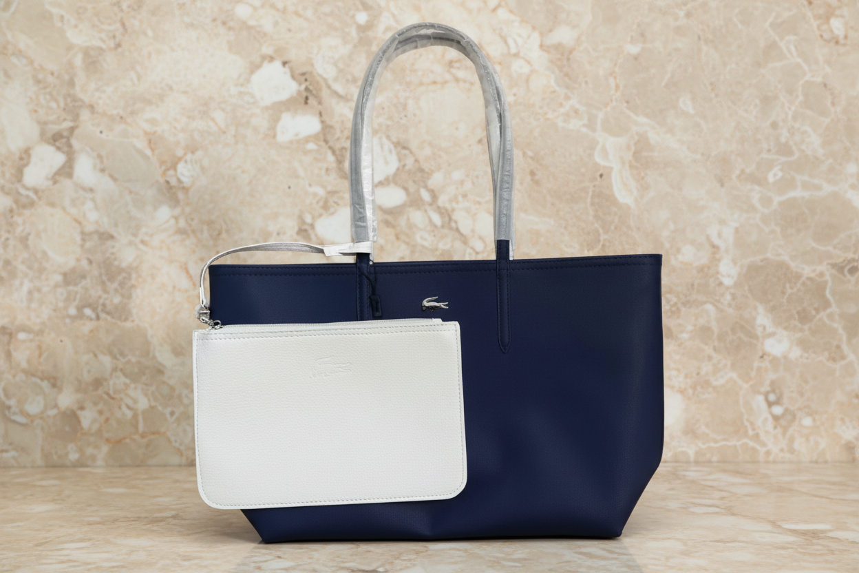 LACOSTE LARGE TOTE WITH LARGE POUCH - REVERSIBLE - NAVY BLUE