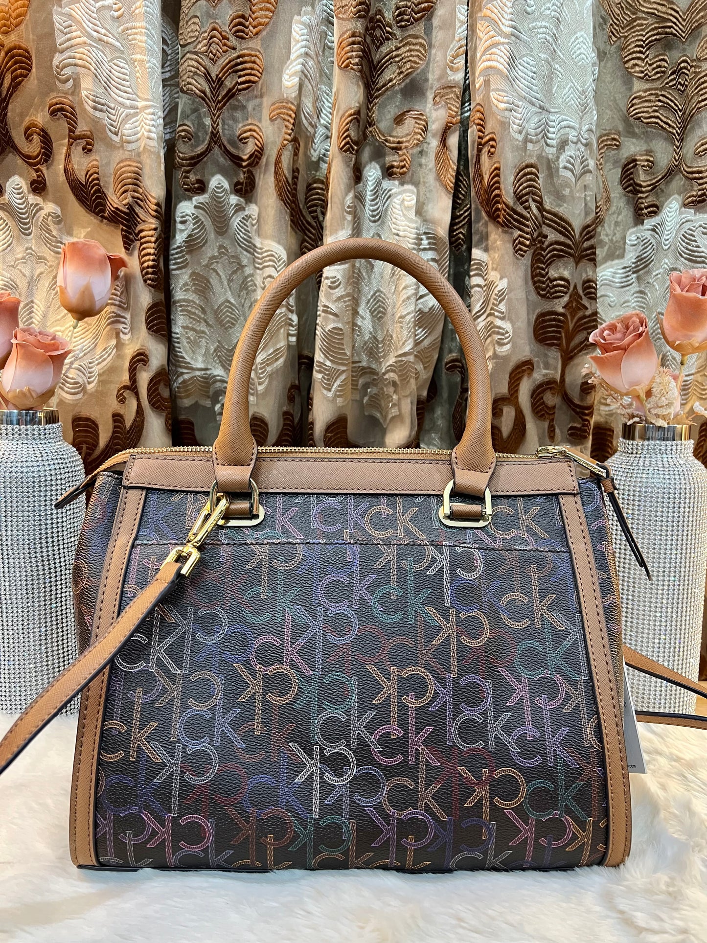 CALVIN KLEIN BUNDLE BAG & LONG WALLET JANAE SATCHEL CROSSBODY BAG IN SIGNATURE BROWN